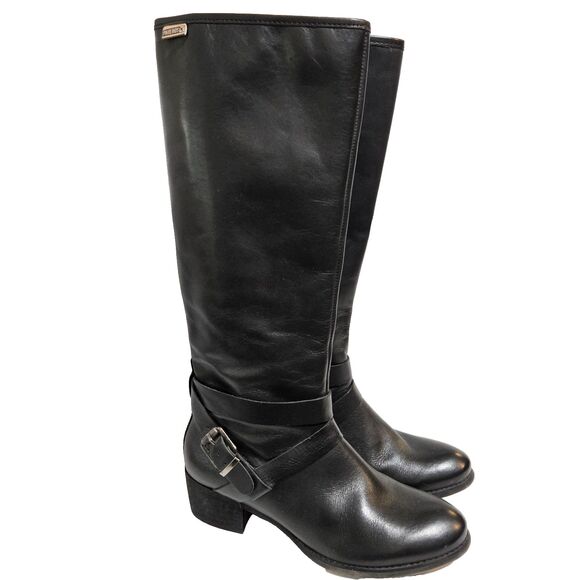 Pikolinos Riding Boots Tall Black Leather Sz 37 / 6 Buckle Harness Equestrian - Picture 1 of 12
